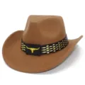 Detailopname van de western cowboyhoed met een gouden stierenlogo en een mooie zwarte band. - Eén maat / Khaki