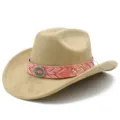 Classico cappello da cowboy beige con fascia fantasia rosa e fibbia vintage in argento. - Taglia unica / Cammello