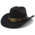 Detailed view of western cowboy hat with metal bull skull buckle and suede texture. - One Size / Black