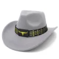 Clásico sombrero de vaquero western de fieltro gris con banda negra y detalle de toro dorado. - Talla única / Gris