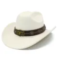 Detail shot of retro western cowboy hat with brown leather band and bronze bull skull buckle. - One Size / Beige