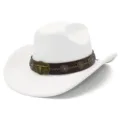 Close-up of white western cowboy hat with brown leather band and bronze bull skull decor. - One Size / White