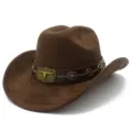 Brown suede western cowboy hat detail with vintage bull skull metal buckle and leather band. - One Size / Coffee