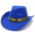 Sombrero de vaquero occidental azul real con hebilla de cráneo de toro dorado fieltro - Talla única / Azul zafiro