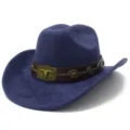 Blue suede western cowboy hat detail with metal bull skull buckle and leather band ornament. - One Size / Dark Blue