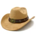 Retro suede cowboy hat featuring a distinctive metallic bull skull belt, detail view. - One Size / Khaki