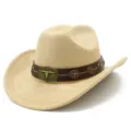 Vintage faux suede western cowboy hat with metal bull head belt, unisex jazz fedora detail - One Size / Camel
