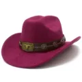 Purple western cowboy hat with brown leather bull skull band detail view for unisex fashion. - One Size / Burgundy
