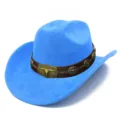 Blue suede western cowboy hat with metal bull skull buckle detail for men and women - One Size / Blue