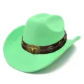 Green suede western cowboy hat detail, metallic bull skull buckle and brown leather band close up - One Size / Green