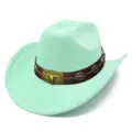 Mint green cowboy hat with brown leather band and bull skull metal buckles for fashion wear. - One Size / Light Green