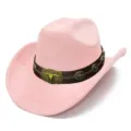 Pink western cowboy hat with retro bull skull metal buckle leather band for stylish wear. - One Size / Light Pink