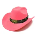 Pink suede western cowboy hat detail, brown leather band with metal bull skull buckle decor. - One Size / Deep Pink