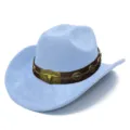 Light blue suede western cowboy hat detail with bull head metal buckle and brown leather band. - One Size / Light Blue