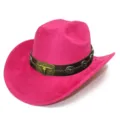 Detailed view of hot pink faux suede western cowboy hat with golden bull skull buckle. - One Size / Rose Red