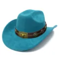 Blue suede western cowboy hat featuring brown leather belt and vintage metal bull head decor. - One Size / Teal