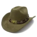 Retro Western cowboy hat with suede texture and metal bull skull decor, stylish jazz cap. - One Size / Army Green