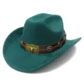 Retro suede western cowboy hat for men and women, dark green jazz hat with metal bull head decor. - One Size / Dark Green