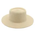 Detalle de sombrero de paja beige, parte superior plana proteccion solar playa vista - Talla única / Caqui