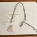 Cute rose quartz bag pendant necklace with white lace bow and braided cord for women. - Pink Bags Z-4433 / Pink