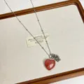 Long chain natural stone heart pendant necklace with cute bead cluster detail for women. - Red (F-88)