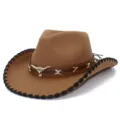 Close-up detail of western cowboy hat brim, bull skull decor, brown felt fabric texture. - One Size / Coffee