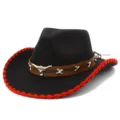 Black western cowboy hat with red edge braid and leather bull head band for men and women - One Size / Black