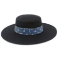 Elegante sombrero fedora negro con banda de mezclilla azul y lentejuelas para mujer. - Talla única / Negro