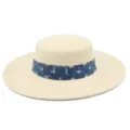 Vista detallada del sombrero de ala ancha con elegante banda de mezclilla desgastada. - Talla única / Beige