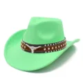 Bright green suede cowboy hat detail, featuring studded brown band with silver bull skull. - One Size / 5#