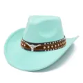 Close-up of mint green suede cowboy hat featuring studded leather band and bull skull emblem. - One Size / 6#