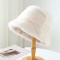 Autumn winter plush bucket hat for women, thick warm faux fur fisherman hat soft basin cap - One Size / Beige