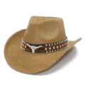 Western cowboy hat made of faux suede with metal longhorn skull and rivets for stylish wear. - One Size / 7#