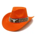 Close-up detail of orange suede western cowboy hat with metal bull skull and rivet studs. - One Size / 8#