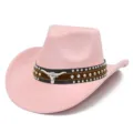 Pink suede western cowboy hat with studded leather band and metal bull skull decoration. - One Size / 9#