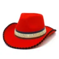 Red Western cowboy hat with star rivets, wide brim and decorative band for party and sun protection. - One Size / Red
