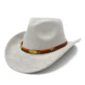 Close-up detail of the grey suede cowboy hat with metallic leaf decorative leather strap. - One Size / Gray