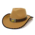 Detail view of the khaki western cowboy hat with wide upturned brim and gold horse buckle. - One Size / Khaki