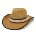 Detailed view of fashionable star studded western cowboy hat with patriotic band and brim stitching. - One Size / Khaki