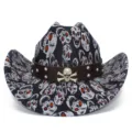 Close-up detail of the punk style Halloween skull cowboy hat featuring metal studs and skull badge. - One Size / Black