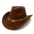 Premium brown suede cowboy hat with metallic leaf leather band stylish fedora jazz hat for men women - One Size / Brown