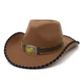 Brown felt cowboy hat with wide curved brim, black edge stitching and gold horse buckle. - One Size / Coffee
