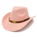 Close-up detail of the pink suede western cowboy hat featuring a woven band and gold feather. - One Size / Pink