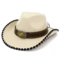 Detailed close-up view of the cowboy hat brim texture and decorative black stitching. - One Size / Beige