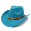 Blue suede cowboy hat detail featuring a brown decorative band with a golden feather and beads. - One Size / Sky Blue