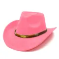 Close-up of pink suede western cowboy hat featuring brown decorative band and metal leaf charm. - One Size / Pink