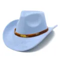 Light blue suede cowboy hat with brown braided band and metal feather charm detail. - One Size / Light Blue