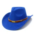 Close-up detail of blue faux suede cowboy hat with brown decorative belt and metal leaf pendant. - One Size / Blue