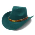High quality suede curved brim cowboy hat with metal leaf leather belt fedora jazz hat - One Size / Dark Green