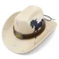 Stylish beige cowboy hat featuring black horse print, stud leather band and gold buckle detail. - One Size / Beige